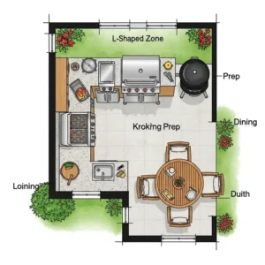 "An overhead illustration showcasing an efficient L-shaped outdoor kitchen layout, highlighting zones for cooking, prep, and dining." 