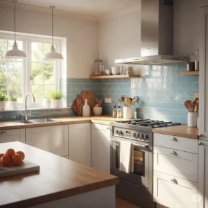 Bright and airy kitchen with a light blue subway tile backsplash, complementing light wood countertops.