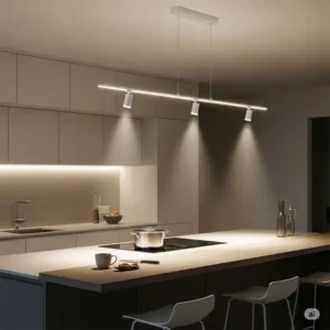Elegant linear kitchen island chandelier providing focused task lighting over a spacious kitchen island in a minimalist design.