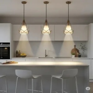 A set of three contemporary pendant lights hanging above a kitchen island, providing focused task lighting. kitchen island lighting ideas