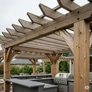 Close-up view of a sturdy pergola roof providing shade over an outdoor kitchen pergola, showcasing the natural wood beams and elegant construction.