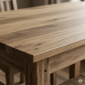 Close-up of a distressed solid wood rustic kitchen table, highlighting its natural grain and aged finish.