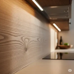 Close-up of a natural wood backsplash kitchen, showcasing the beautiful grain and texture, emphasizing the organic feel of a wood backsplash.