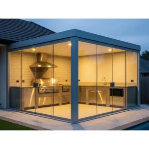 Custom-fit outdoor kitchen enclosure offering complete protection and a sleek appearance.