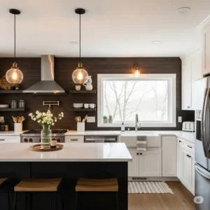 A contemporary wood backsplash kitchen design incorporating a dark wood backsplash, adding depth and warmth to the space, perfect for a cozy kitchen aesthetic.