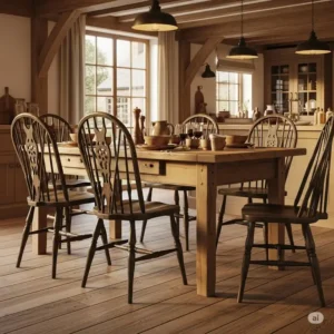 Set of classic spindle-back farmhouse chairs, complementing a rustic kitchen table setup.