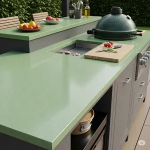Close-up illustration of a durable countertop surface in a green egg outdoor kitchen, showcasing ample prep space.