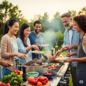 Family and friends enjoying cooking together on an outdoor kitchen griddle, preparing a delicious meal.