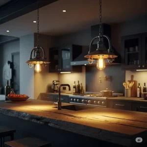 Hand-blown glass unique kitchen pendant lights adding artistic flair to a contemporary kitchen.