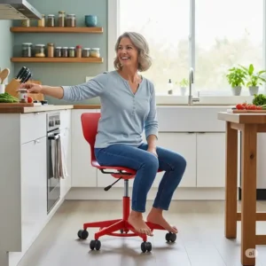 Person comfortably seated on a kitchen chair with rollers, demonstrating its ease of movement for various tasks.
