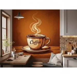 Decorative coffee cup kitchen wall decal, ideal for a breakfast nook or coffee station area.
