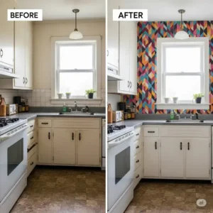 Before and after comparison demonstrating the dramatic transformation of an outdated kitchen wall using easy-to-apply kitchen sticker wallpaper.