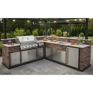 "Detailed illustration of an L-shaped outdoor kitchen featuring a powerful built-in grill, ideal for outdoor cooking and BBQ."