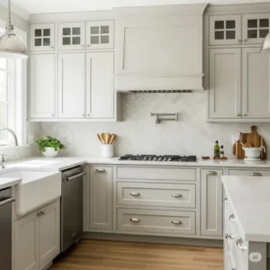 Bright kitchen featuring a stunning herringbone kitchen backsplash complementing light-colored cabinetry.