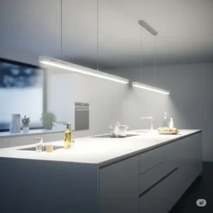  Linear LED light fixtures providing bright, even illumination over a long modern kitchen island light fixtures, perfect for task lighting.