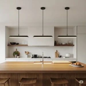 A set of three linear modern kitchen island lamps suspended above a large wooden island, creating a stylish and functional workspace.