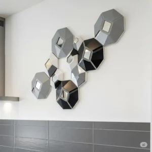 "Sleek minimalist open shelving on a contemporary kitchen wall decor , displaying curated decor for a clean and functional look."