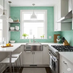 Bright, compact kitchen with a refreshing mint green backsplash kitchen, perfect for adding a touch of color.