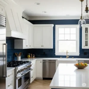 Elegant kitchen showcasing a deep navy blue backsplash, contrasting beautifully with white cabinetry.