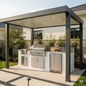 High-end outdoor kitchen appliances, including a stainless steel grill and refrigerator, seamlessly integrated beneath a stylish outdoor kitchen pergola for convenient outdoor cooking.