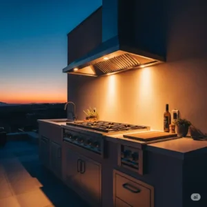  Integrated LED lighting illuminating the cooking area under an outdoor kitchen hood at dusk.