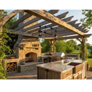 "Rustic outdoor kitchen with fireplace design, showcasing a grand stone fireplace and wooden pergola."