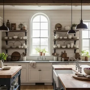 "A rustic-chic shiplap backsplash kitchen serving as a backdrop for stylish open shelving displaying dishes and decor."