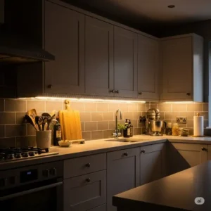 Warm white LED lights installed under kitchen cabinets, creating a cozy and inviting atmosphere.