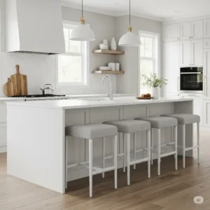 Sleek backless contemporary kitchen stools tucked neatly under a kitchen island, ideal for maximizing space in a modern home.