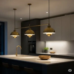 Elegant brass modern kitchen island lamps adding a touch of sophistication and ambient light to a contemporary kitchen interior.