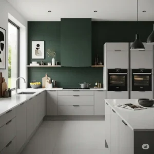 Contemporary kitchen showcasing a deep dark green backsplash kitchen complementing light grey kitchen cabinets.