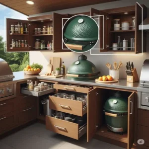 Detailed illustration of integrated storage solutions and cabinetry within a green egg outdoor kitchen design.