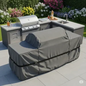 Heavy-duty cover for an outdoor kitchen island, ensuring long-lasting protection against weather.