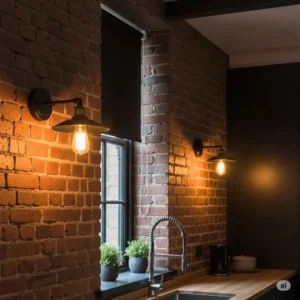 Industrial-style kitchen wall fixtures with exposed bulbs, adding a trendy touch to a brick-walled kitchen.