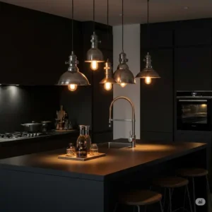 Industrial-style modern pendant lighting for kitchen island with metallic finishes, adding an edgy yet sophisticated touch to the space.
