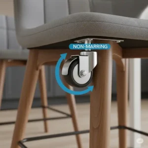 Close-up view of a high-quality caster wheel on a kitchen chair, showing its smooth rotation and non-marring design.
