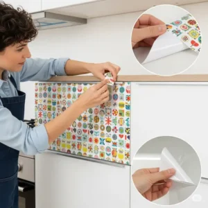 A collage displaying a wide variety of kitchen sticker wallpaper patterns, including geometric, floral, and mosaic designs, to suit any kitchen decor.