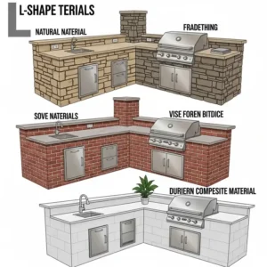 "Illustration displaying various material options for an L-shaped outdoor kitchen, including stone, brick, and durable composite finishes."
