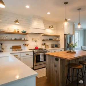 "An inviting modern farmhouse shiplap backsplash kitchen featuring a clean white shiplap that adds warmth and character."