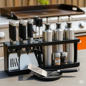 Essential outdoor kitchen griddle accessories including spatulas and oil bottles, neatly organized.