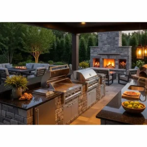 "Spacious grilling area in an outdoor kitchen with fireplace, perfect for cooking and gathering."
