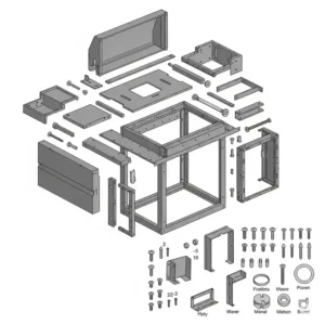 Exploded view of an outdoor kitchen frame kit, detailing all individual components and hardware included for easy DIY assembly.