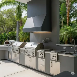 Modern outdoor kitchen featuring a stylish custom-built outdoor kitchen hood that complements the overall aesthetic.