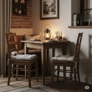 Cozy rustic dining nook with a compact wooden table and comfortable matching chairs, ideal for small spaces.