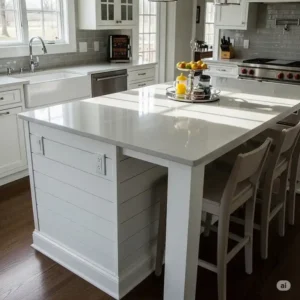 Custom shiplap kitchen island with a durable quartz countertop, perfect for casual dining and food preparation.