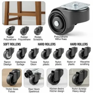 Various types of wheels for kitchen chairs, including soft casters and hard rollers, suitable for different floor types.