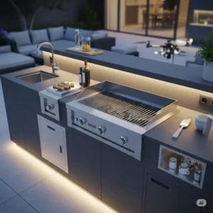 Seamlessly integrated outdoor kitchen griddle countertop design, showcasing modern outdoor living.