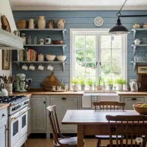 Charming farmhouse kitchen featuring a rustic blue shiplap backsplash and open shelving.