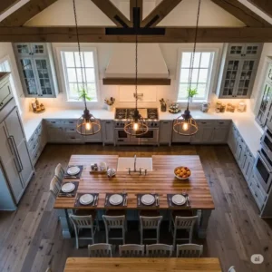 Overhead view of a spacious farmhouse kitchen island, showcasing how the carefully chosen pendant lighting defines the space and adds ambient glow. This illustrates farmhouse kitchen island lighting ambiance.