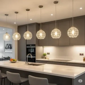Elegant glass globe pendant lights, a popular choice for modern kitchen island light fixtures, creating a sophisticated aesthetic.